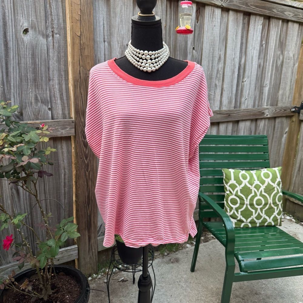 LOFT Coral Striped Short Sleeve Tee